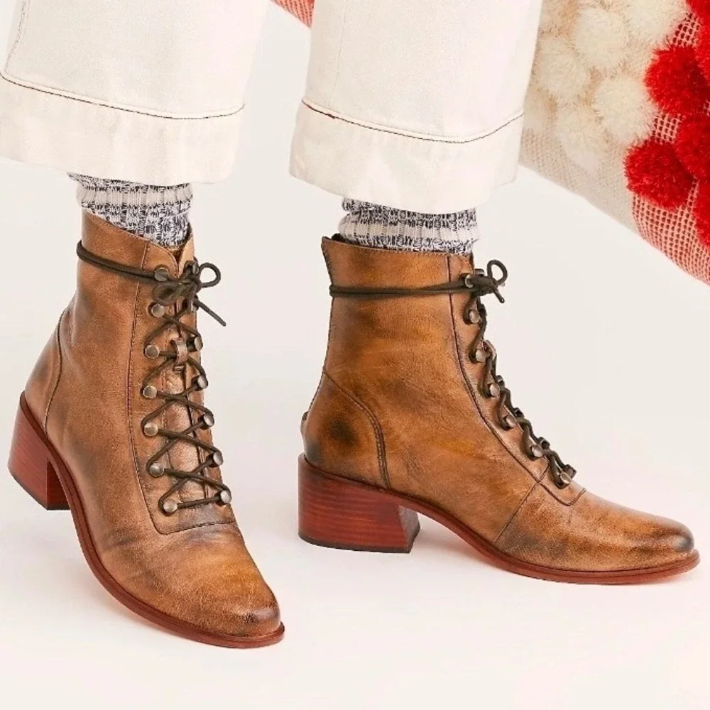 Free People Eberly Victorian Lace-Up Bronze Leather Ankle Boots Women Size 40